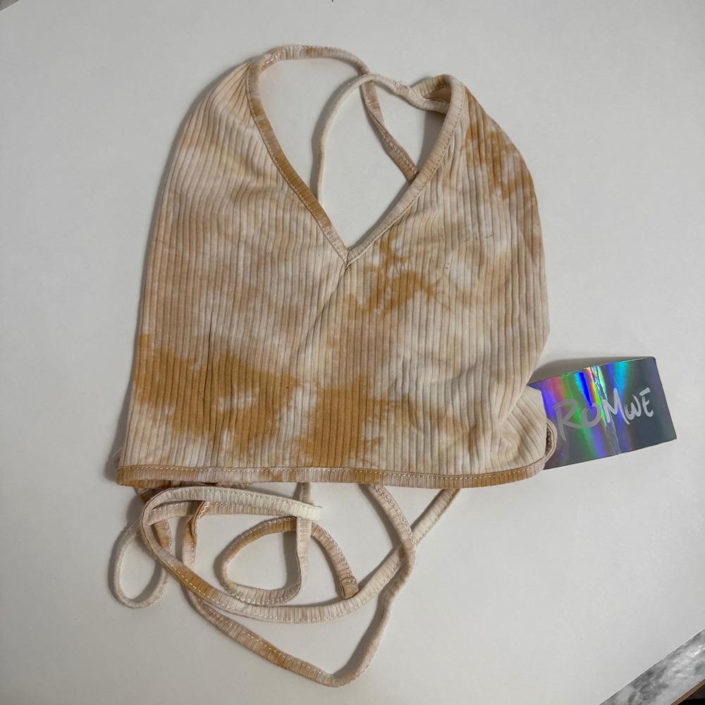 Romwe Tie Dye Halter Crop Top Tan Cream Ribbed Lace Up Back Size M